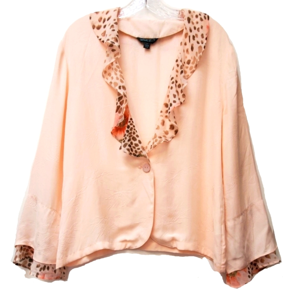 What If Peach Ruffle Detail 100%Silk Button Up Blouse Top Size Large